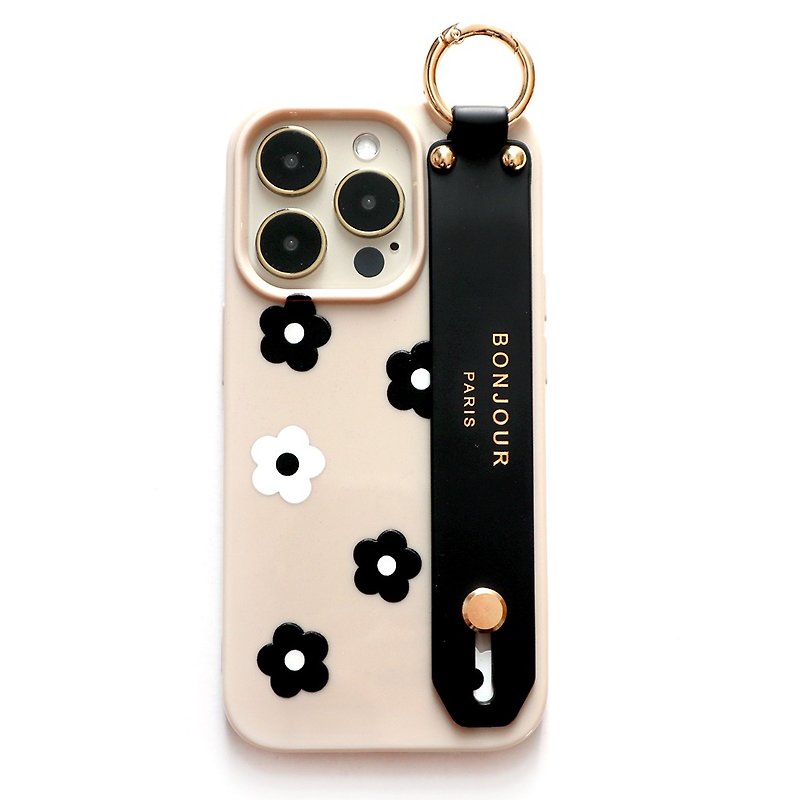 iPhone15/14/13/12 首尔冬季系列-法式肤色黑白小花手带手机壳 - 手机壳/手机套 - 塑料 卡其色