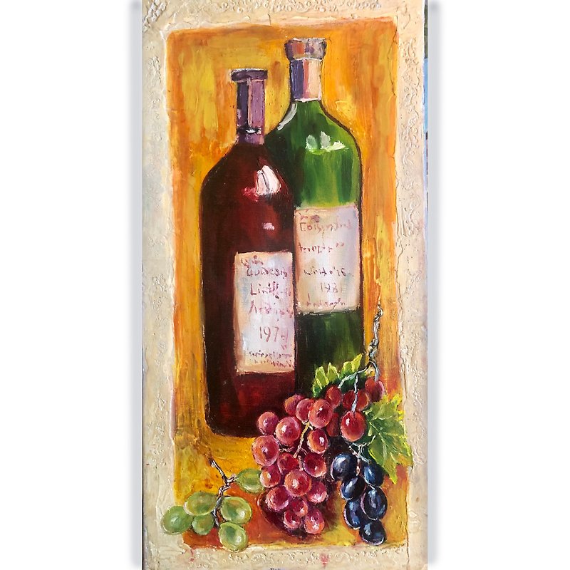 Wine Bottle Painting, Handpainted oil painting, Fruit Still Life, Italian Art - 海报/装饰画/版画 - 棉．麻 
