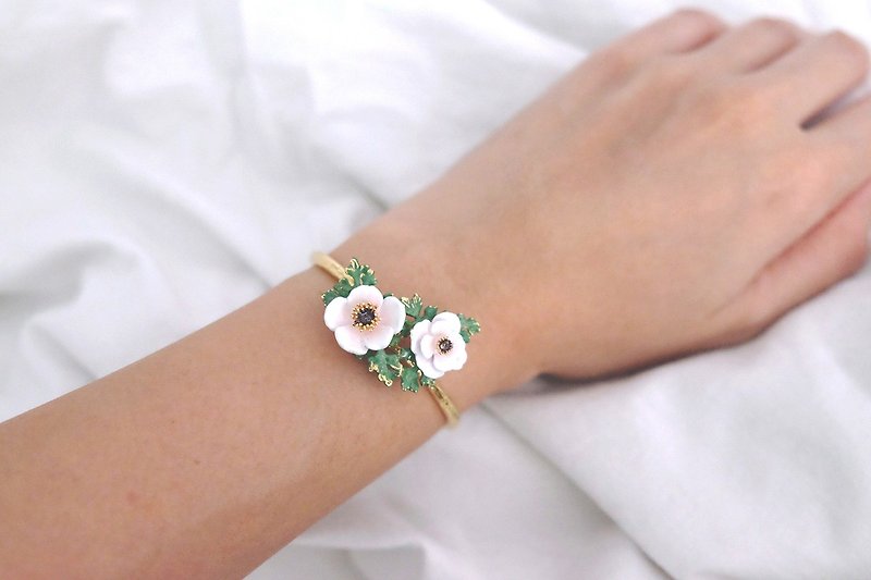 Anemone Bangle White , Flower Ring , Anemone flower. - 手链/手环 - 其他金属 白色