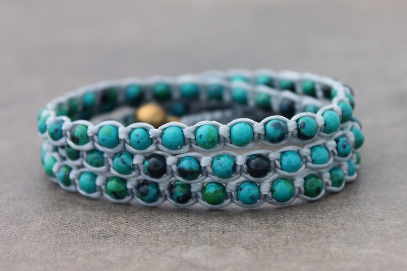 孔雀石缠绕串珠手链编织波西米亚风嬉皮时髦手链 - 手链/手环 - 棉．麻 绿色