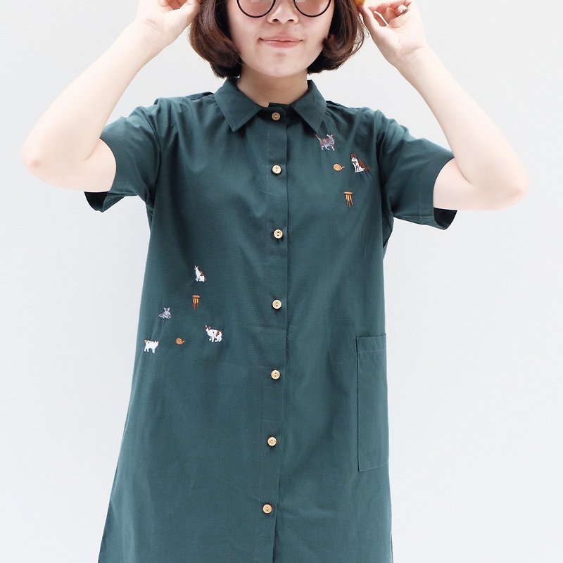 Shirt Dress - cat story ( Green Color ) - 洋装/连衣裙 - 绣线 绿色