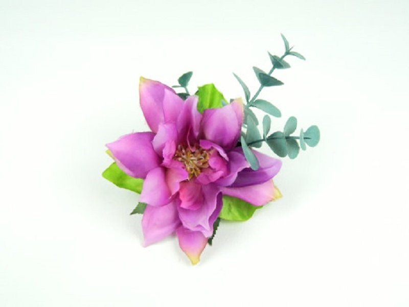 Headpiece Fascinator Hair Clip Pink Clematis Silk Flower with Silver Blue Eucalyptus Leaves Summer Party, Hen Night, Floral Hair Accessory - 发饰 - 其他材质 紫色