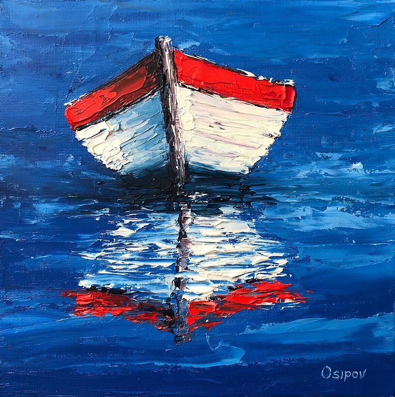 Original Seascape Sailboat Oil Painting On Canvas Blue Ocean Textured Impasto - 墙贴/壁贴 - 棉．麻 多色