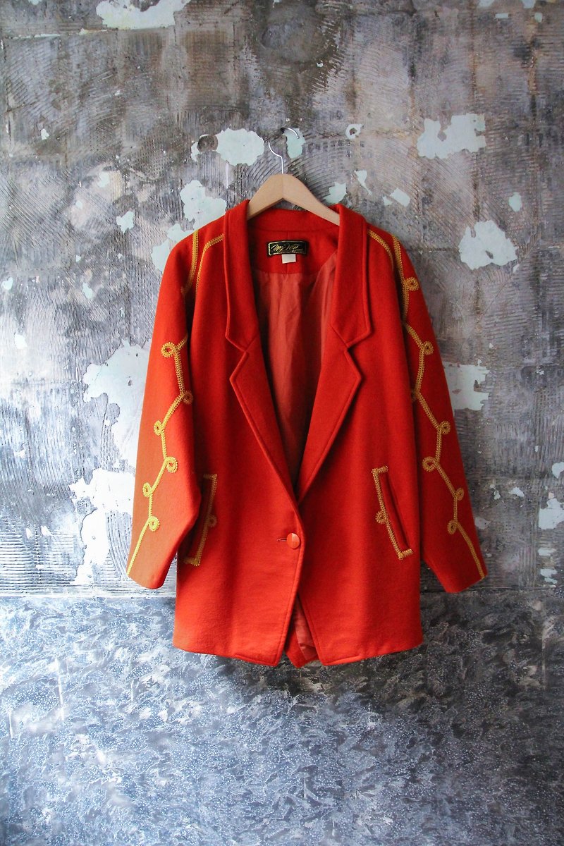 袅袅百货公司-Vintage 橘红色精致蕾丝毛呢大衣外套 复古着 - 女装休闲/机能外套 - 其他人造纤维 