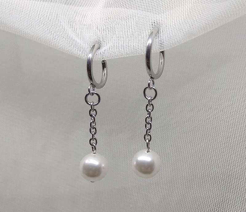 水晶珍珠, 施华洛世奇元素 & 不锈钢 夹式 耳环 (一对) - 耳环/耳夹 - 玻璃 白色