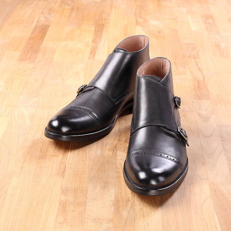 Vanger 简约都会双扣孟克矮靴 Va218黑 - 男款休闲鞋 - 真皮 黑色
