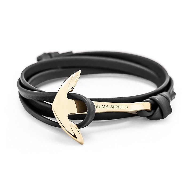 Gold Anchor Black Leather Bracelet - 手链/手环 - 真皮 金色