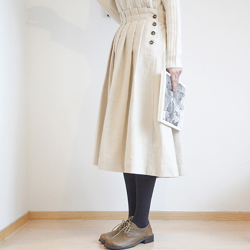 米白色压皱百褶半身裙|裙子|日本棉麻混纺|独立品牌|Sora-77 - 裙子 - 棉．麻 白色