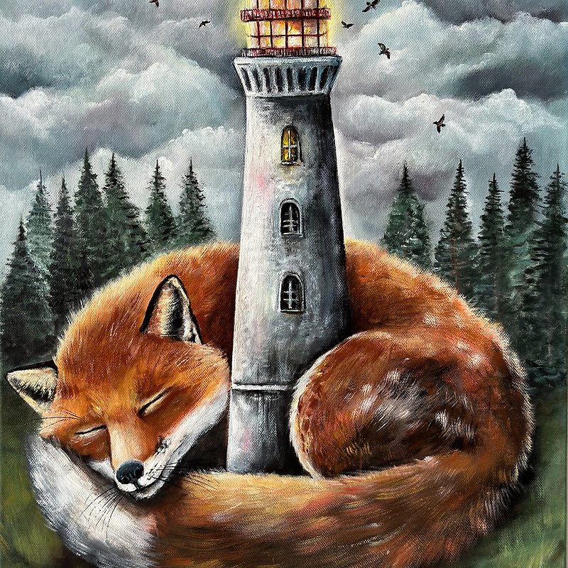 原创画布画作《狐狸与灯塔》、《狐狸墙艺术》、《森林景观》、《天空》 - 墙贴/壁贴 - 棉．麻 多色