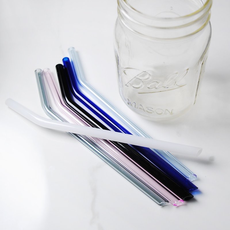 20cm (口径0.8cm) 弯曲尖口可刺穿饮料封膜 玻璃吸管(附赠清洁刷) - 随行杯提袋/水壶袋 - 玻璃 蓝色