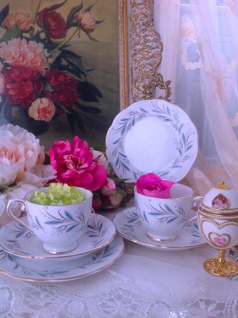 安妮疯古物英国骨瓷 1950年英国制芦苇草手绘花茶杯两人份6件组~ 优惠价 新年礼物 - 茶具/茶杯 - 瓷 蓝色