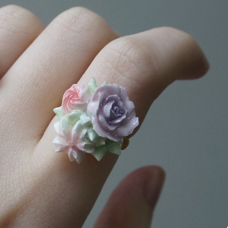 花束戒指 手工黏土裱花 可定制 - 戒指 - 粘土 紫色