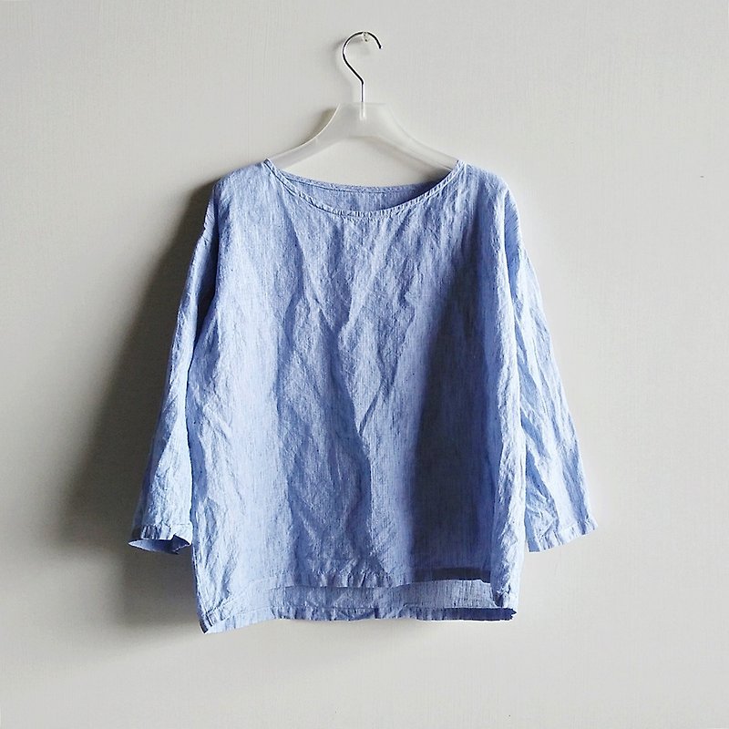 Feliz & Recap [ 亚麻七分袖衫 ] 亚麻 蓝白条纹 - 女装上衣 - 棉．麻 多色