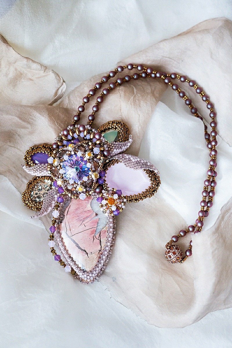 Jasper Necklace Crystal flower Necklace Pink Gemstone statement necklace - 项链 - 宝石 多色