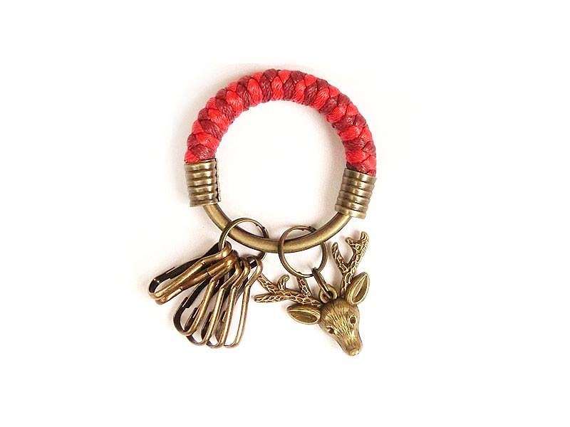 【UNA-优娜手作】钥匙圈(小)5.3CM 红色＋酒红色＋驯鹿头 手工 编织 腊绳 铁环 定制化 - 钥匙链/钥匙包 - 其他金属 红色