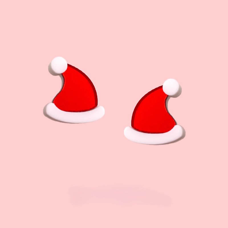 圣诞帽帽 壓克力耳环 鏡面紅 - 耳环/耳夹 - 压克力 红色