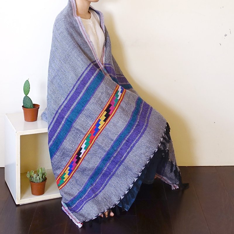 BajuTua/古物/危地马拉 灰紫羊毛手织毯/ 披肩 - 被子/毛毯 - 羊毛 灰色