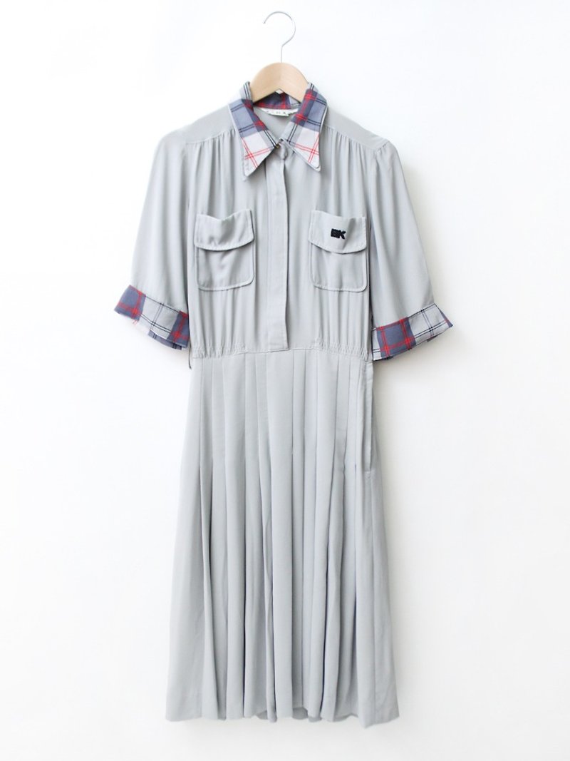 【RE0215D978】日本制复古灰色典雅剪裁短袖春夏古着洋装 - 洋装/连衣裙 - 聚酯纤维 灰色