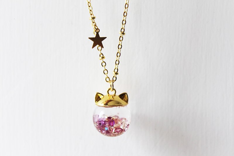Rosy Garden 小猫咪紫色水晶流动玻璃球项链 金色链 - 颈链 - 玻璃 紫色