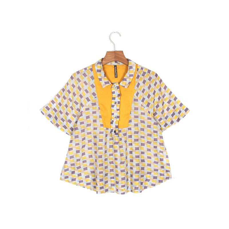 【蛋植物古着】夏色排打印花短袖古着衬衫 - 女装衬衫 - 聚酯纤维 黄色