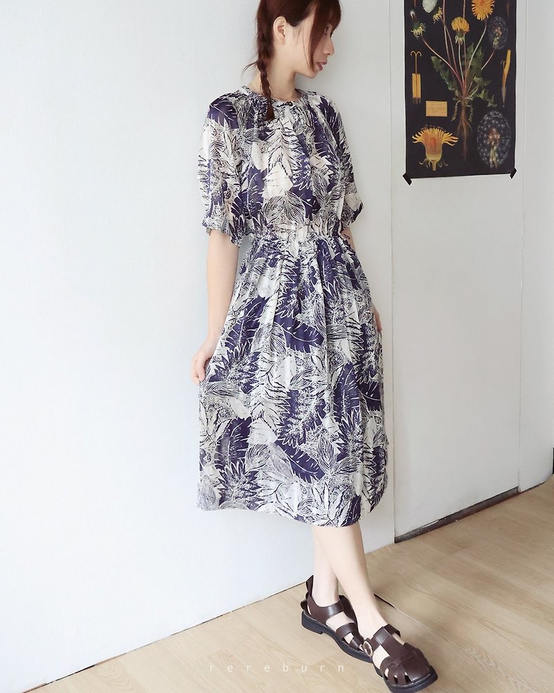 日本制日系昭和风复古叶子印花深蓝色短袖古着洋装 - 洋装/连衣裙 - 聚酯纤维 蓝色