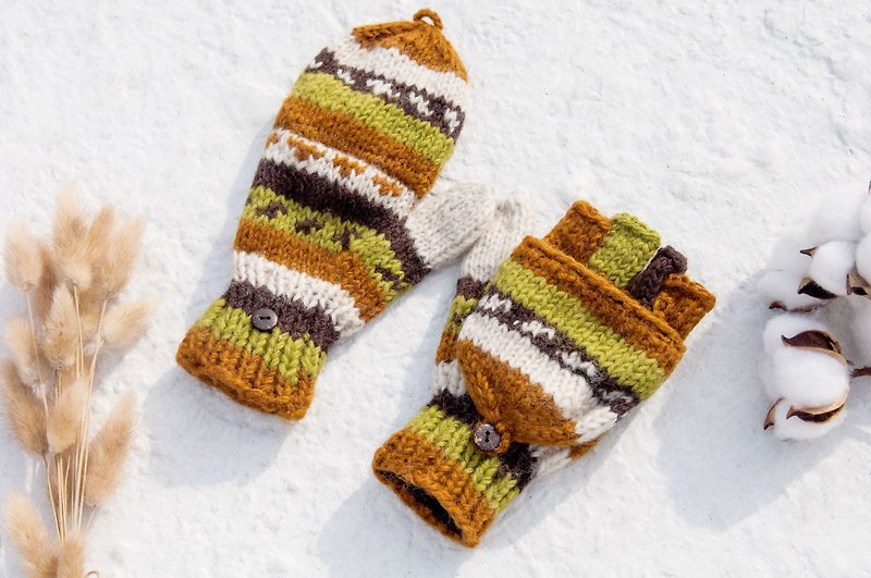 手织纯羊毛针织手套/可拆卸手套/内刷毛手套/保暖手套-绿抹茶拿铁 - 手套 - 羊毛 多色
