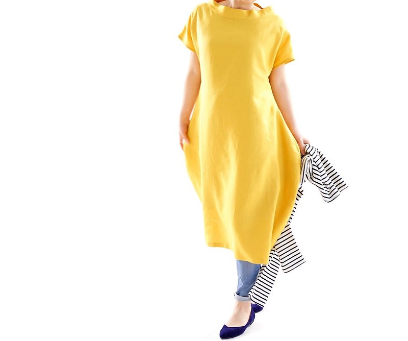 リネンワンピース フレンチコクーンドレス/クロムイエロー a41-57 - 洋装/连衣裙 - 棉．麻 黄色