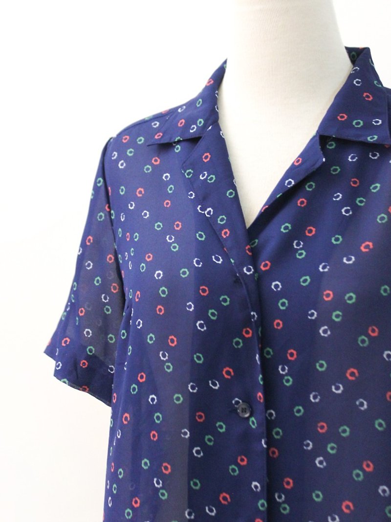 复古日本制可爱小花深蓝色短袖古着衬衫 Vintage Blouse - 女装衬衫 - 聚酯纤维 蓝色