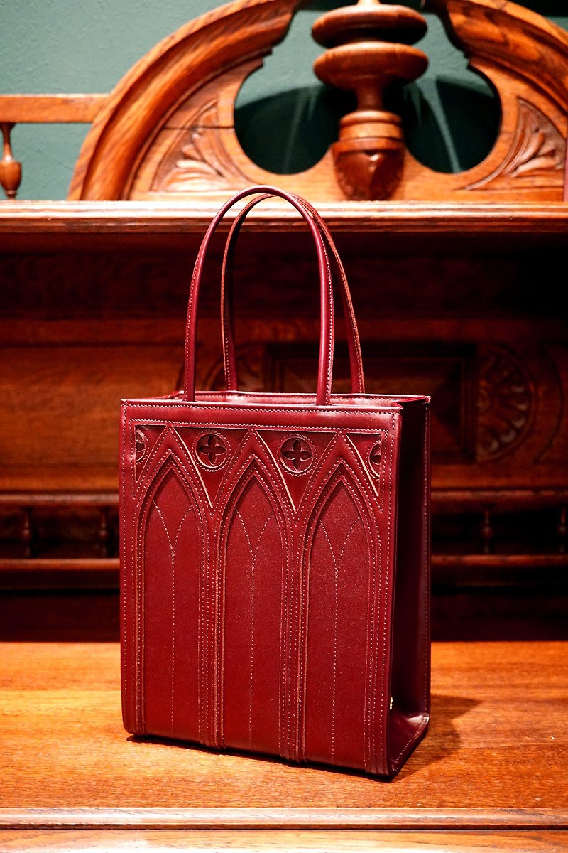 カテドラルバッグ1C ボルドー　中世ヨーロッパのゴシック建築　gothic architecture cathedral bag bordeaux - 手提包/手提袋 - 真皮 红色