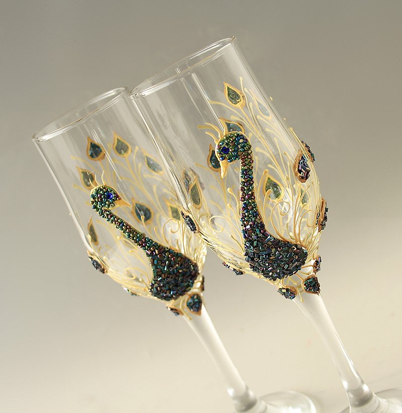 香槟杯 Peacpck 婚礼手绘 2 件套 - 酒杯/酒器 - 玻璃 金色