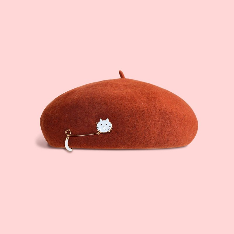 可爱猫咪贝雷帽 森系文艺画家帽 复古毛呢帽子 礼物 - 帽子 - 羊毛 橘色