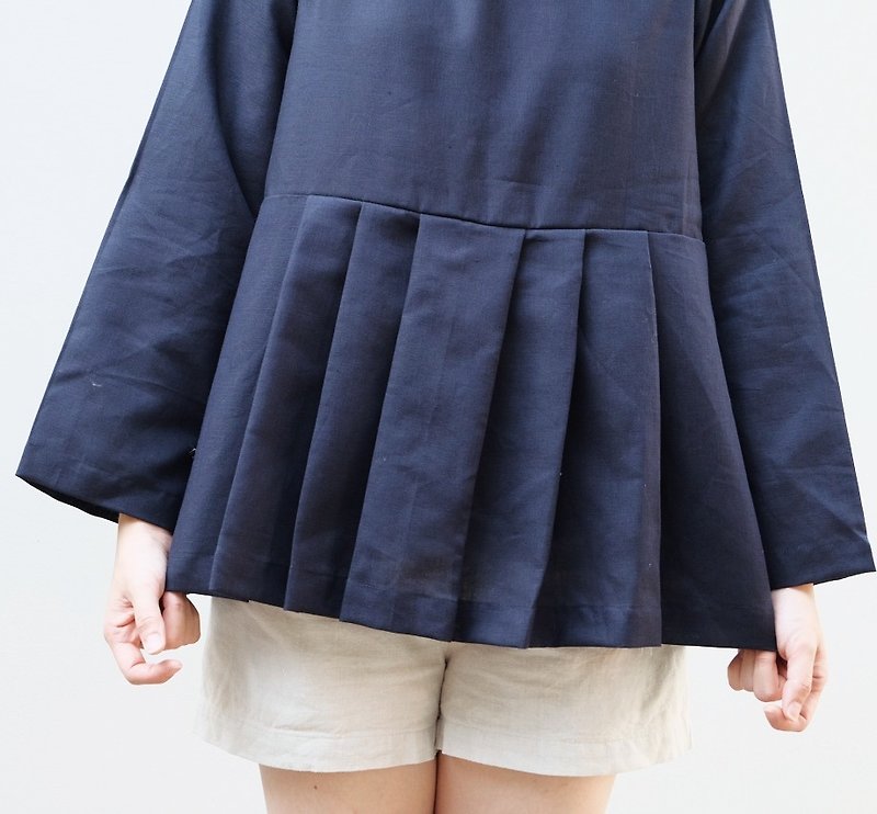 Haruka Top : Japanese Style (Navy Color) - 女装上衣 - 棉．麻 蓝色