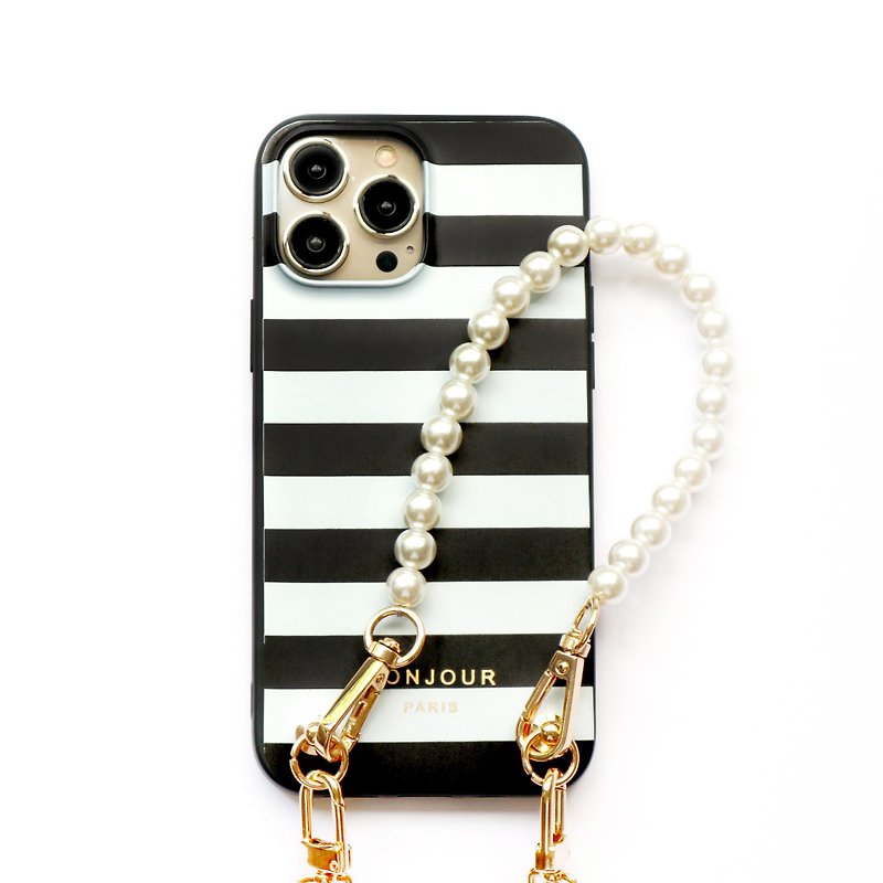 法式黑白条纹珍珠金链手机壳 - 手机壳/手机套 - 塑料 黑色
