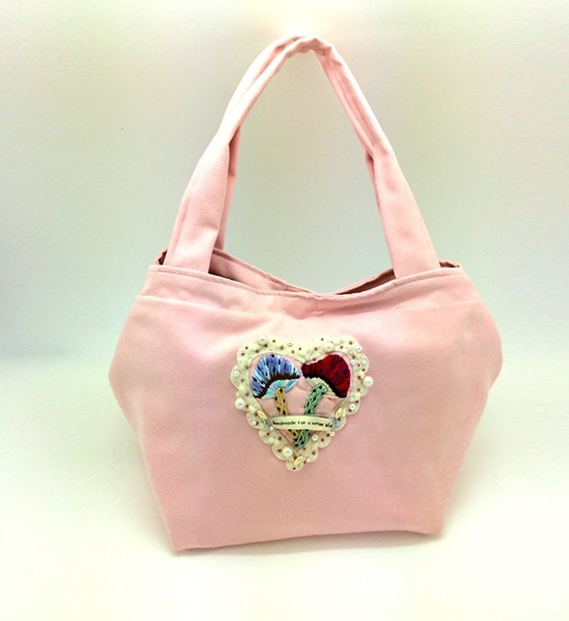 sakura pink-爱心蕈菇麂皮手提袋/午餐袋 - 手提包/手提袋 - 其他材质 粉红色