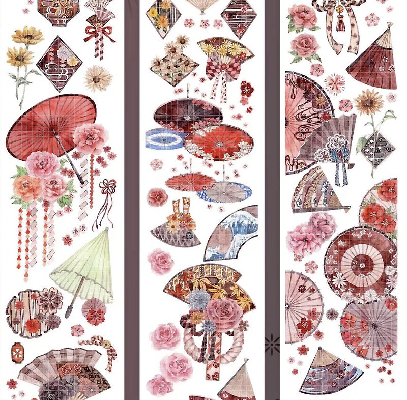 花穗蒲扇 和風造景 PET 紙膠帶 水晶 台灣自己印 10米卷 - 纸胶带 - 其他材质 红色