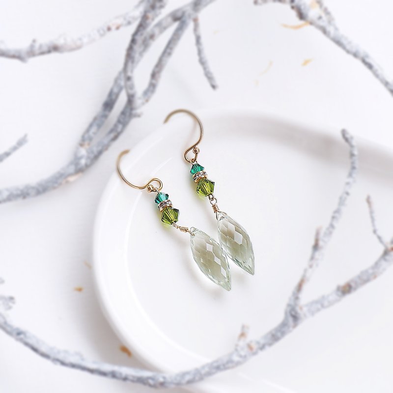 顶级透体天然石 闪亮切工绿水晶 橄榄造型 优雅气质  14K GF耳环 - 耳环/耳夹 - 宝石 绿色