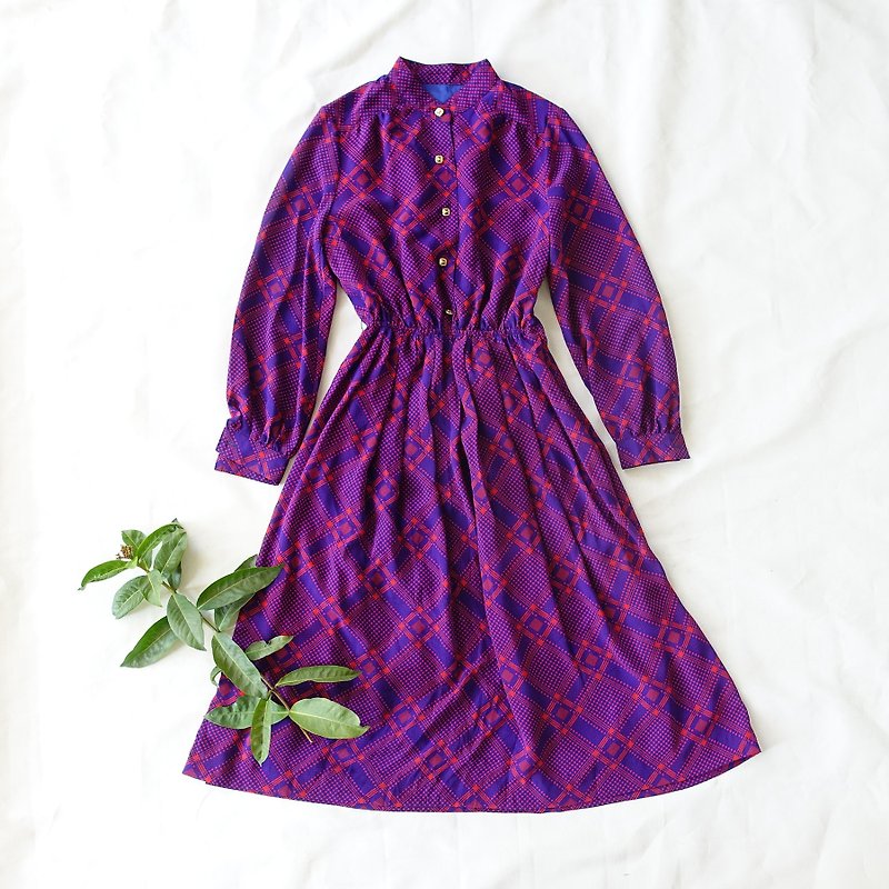 BajuTua /古着/紫红色轻飘飘雪纺格纹洋装 - 洋装/连衣裙 - 聚酯纤维 紫色