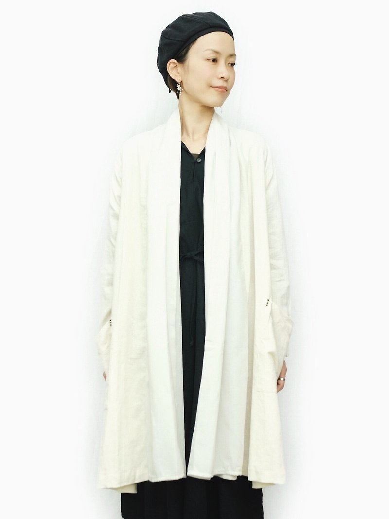 Omake / robe cardie  拼接领片长袍罩衫  原色米白 - 女装休闲/机能外套 - 棉．麻 白色