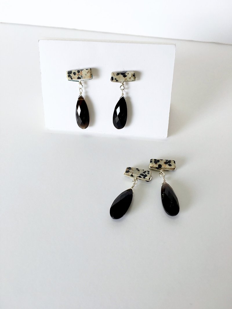 Dalmatian jasper and smoky quartz earring stud-earring or clip-earring - 耳环/耳夹 - 石头 黑色