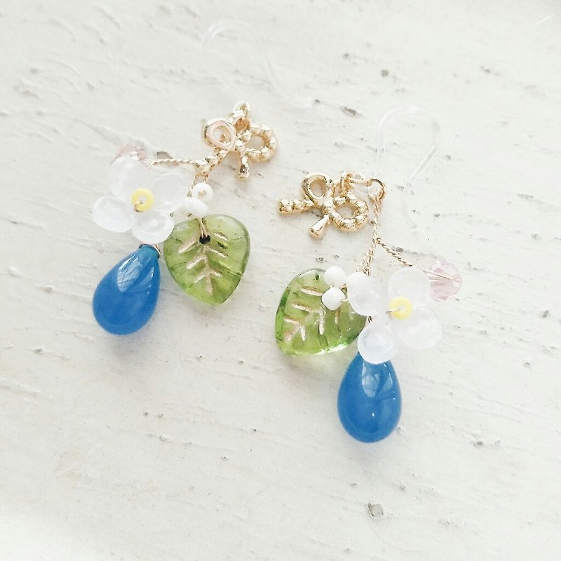 串珠 编织 耳环 小花果实 爱情海 可改夹式 - 耳环/耳夹 - 其他材质 蓝色