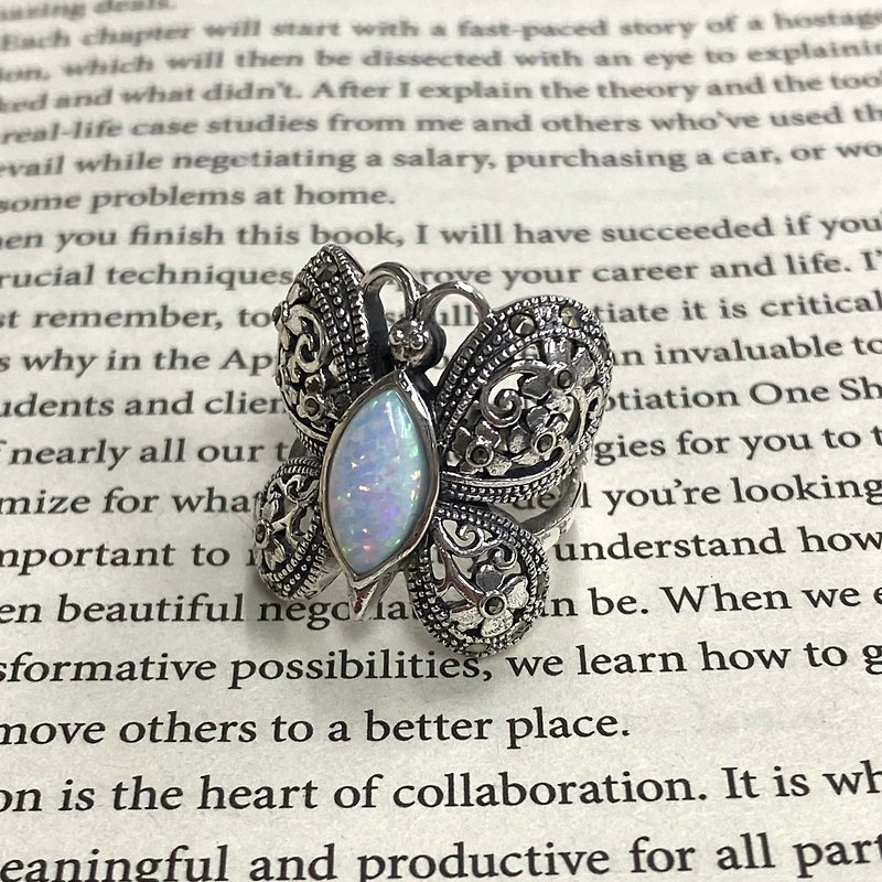 Art Deco Style Flower Butterfly Ring Gilson Opal & Marcasite 925 Sterling Silver - 戒指 - 纯银 银色