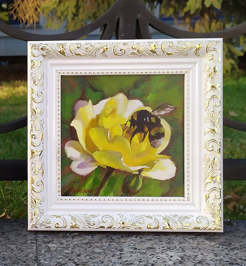 Yellow Rose Painting Bee Artwork Flower Framed Mini Oil Painting Gift for mom - 海报/装饰画/版画 - 棉．麻 黄色