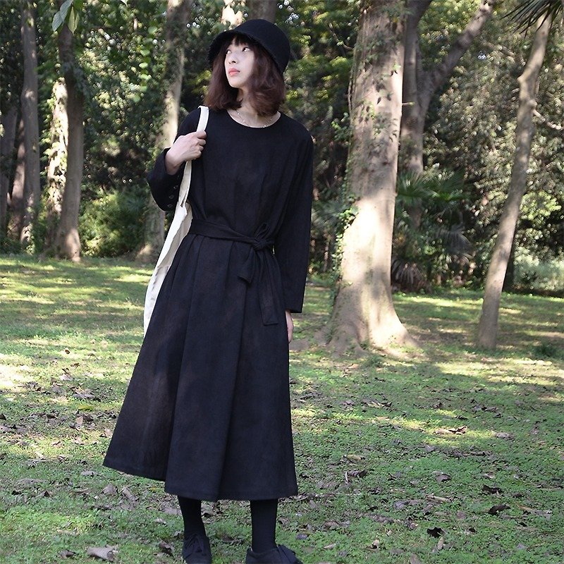 黑色复古双层厚款洋装|连衣裙|麂皮绒+人棉|独立品牌|Sora-62 - 洋装/连衣裙 - 其他材质 黑色