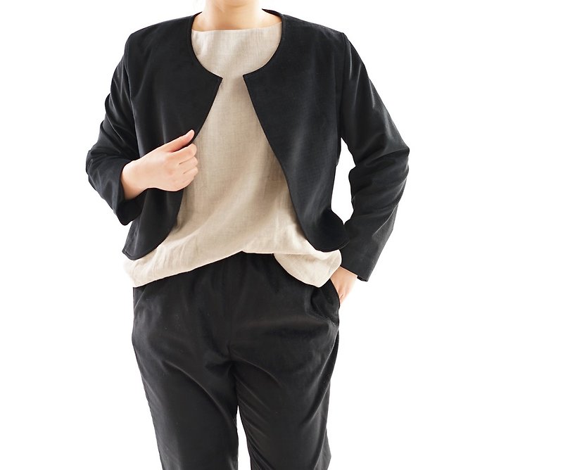 Velveteen round neck Bolero jacket · Cupra lined / Black b5-23 - 女装休闲/机能外套 - 其他材质 黑色