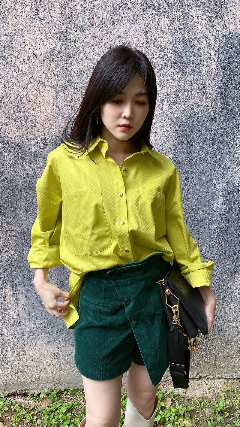 格纹压印艳黄衬衫 - 女装衬衫 - 棉．麻 黄色