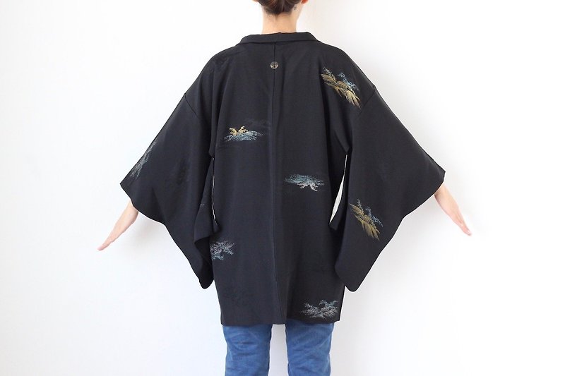 wave kimono, haori, Japanese kimono, kimono jacket, versatile jacket /3101 - 女装休闲/机能外套 - 丝．绢 黑色