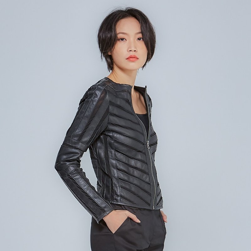 【德国 GIPSY】GGSuri 搂空圆领造型羊皮夹克 | 黑色 - 女装休闲/机能外套 - 真皮 黑色