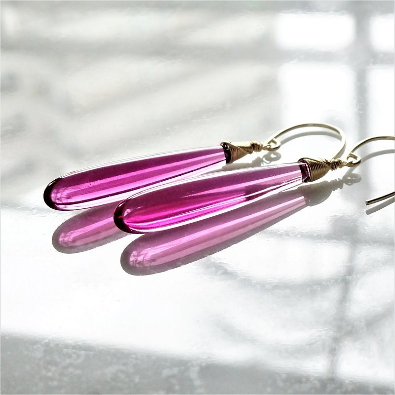 14kgf*Quartz drop pierced earring / earring PINK - 耳环/耳夹 - 玻璃 粉红色