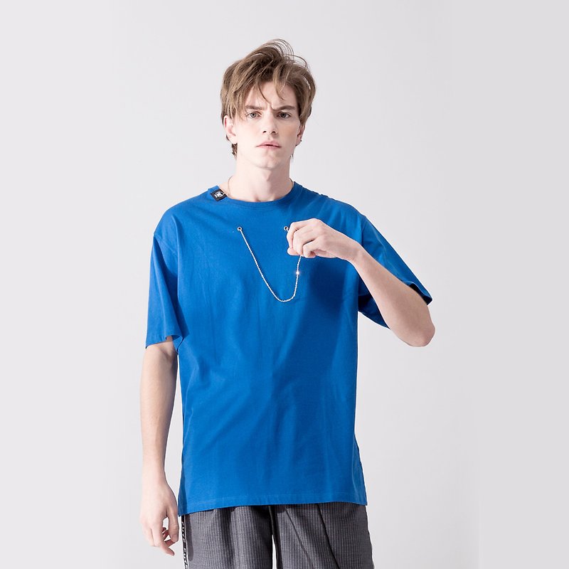 中性款 项链设计 短袖t-shirt / 宝蓝色 - 男装上衣/T 恤 - 棉．麻 蓝色