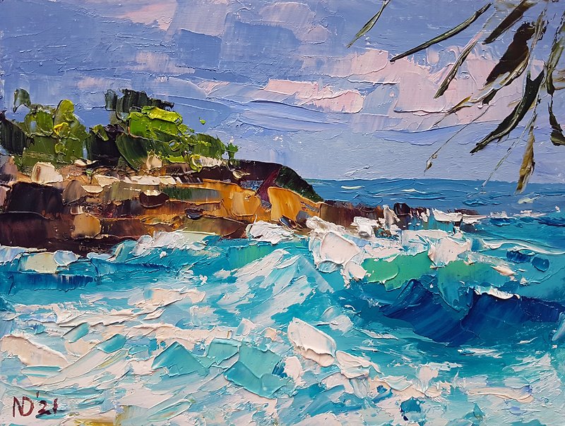Wave Oil Painting Original Seascape Small Artwork Beach Wall Art Sea - 海报/装饰画/版画 - 其他材质 蓝色